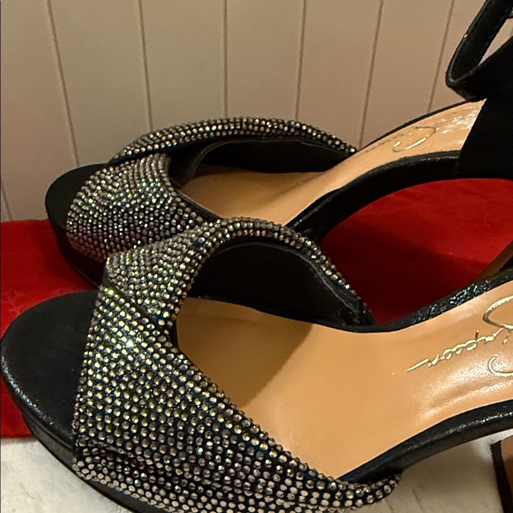 Jessica Simpson Black Crystal Cross-Band Ankle-Strap Heels - Picture 6 of 16